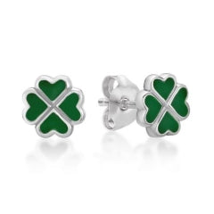 Sterling Silver Green Enamel Clover Heart Stud Earrings