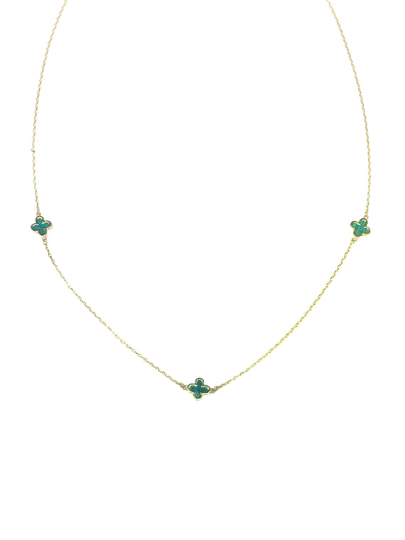 9ct Yellow Gold Malachite Clover Cable Necklace
