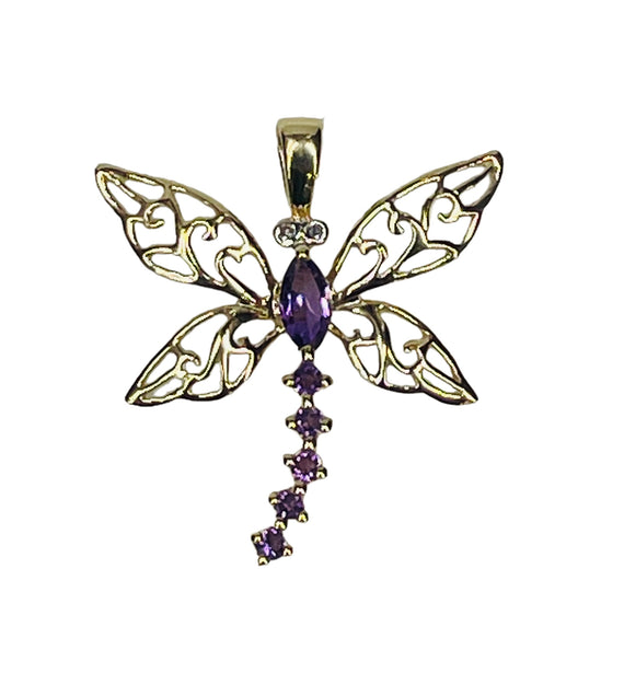 9ct Yellow Gold Amethyst and Diamond Dragonfly Pendant