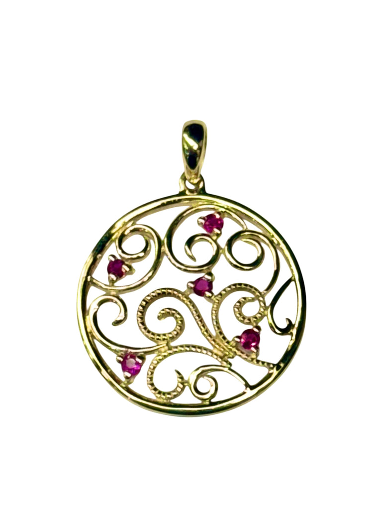 9ct Yellow Gold Round Filigree Ruby Pendant