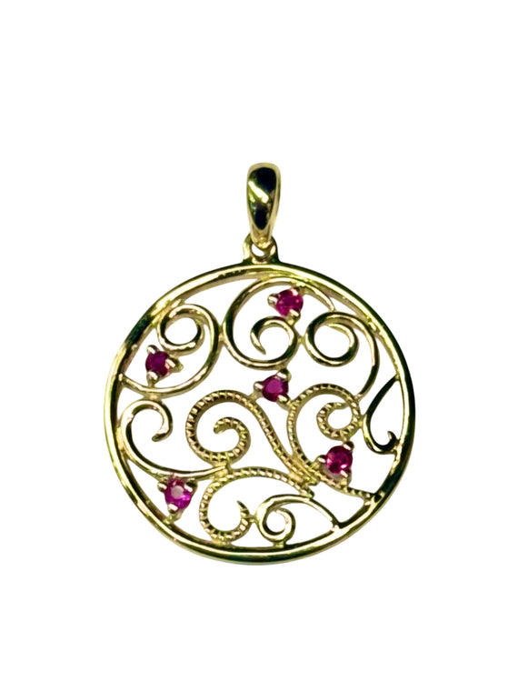 9ct Yellow Gold Round Filigree Ruby Pendant