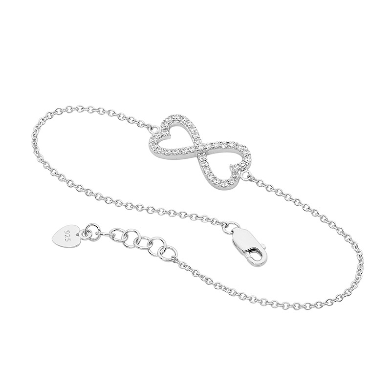 Ellani Sterling Silver Double Heart Infinity Bracelet with White CZ