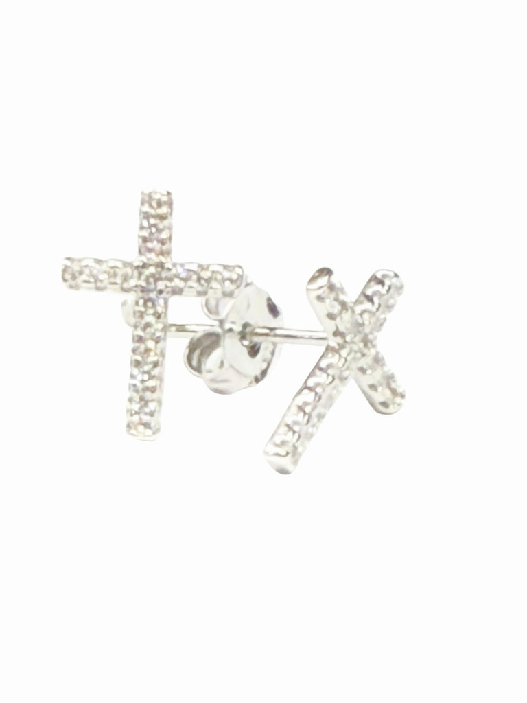 Sterling Silver Rhodium Plated Cubic Zirconia Cross Stud Earrings