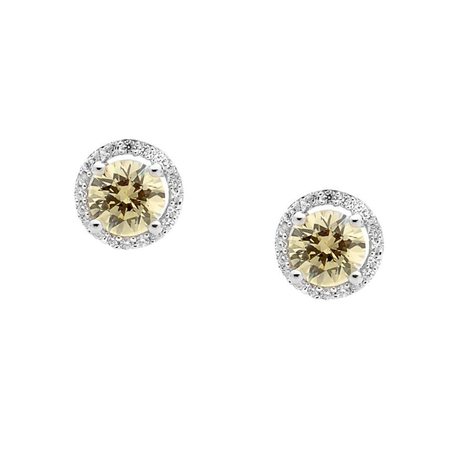 Ellani Sterling Silver  Citrine CZ Solitaire Earrings with White CZ Surround
