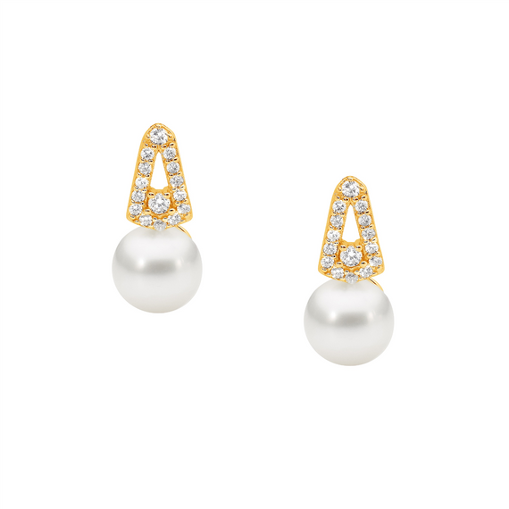 Ellani Sterling Silver Gold Plated White Cubic Ziconia Stud Earrings with Freshwater Pearl