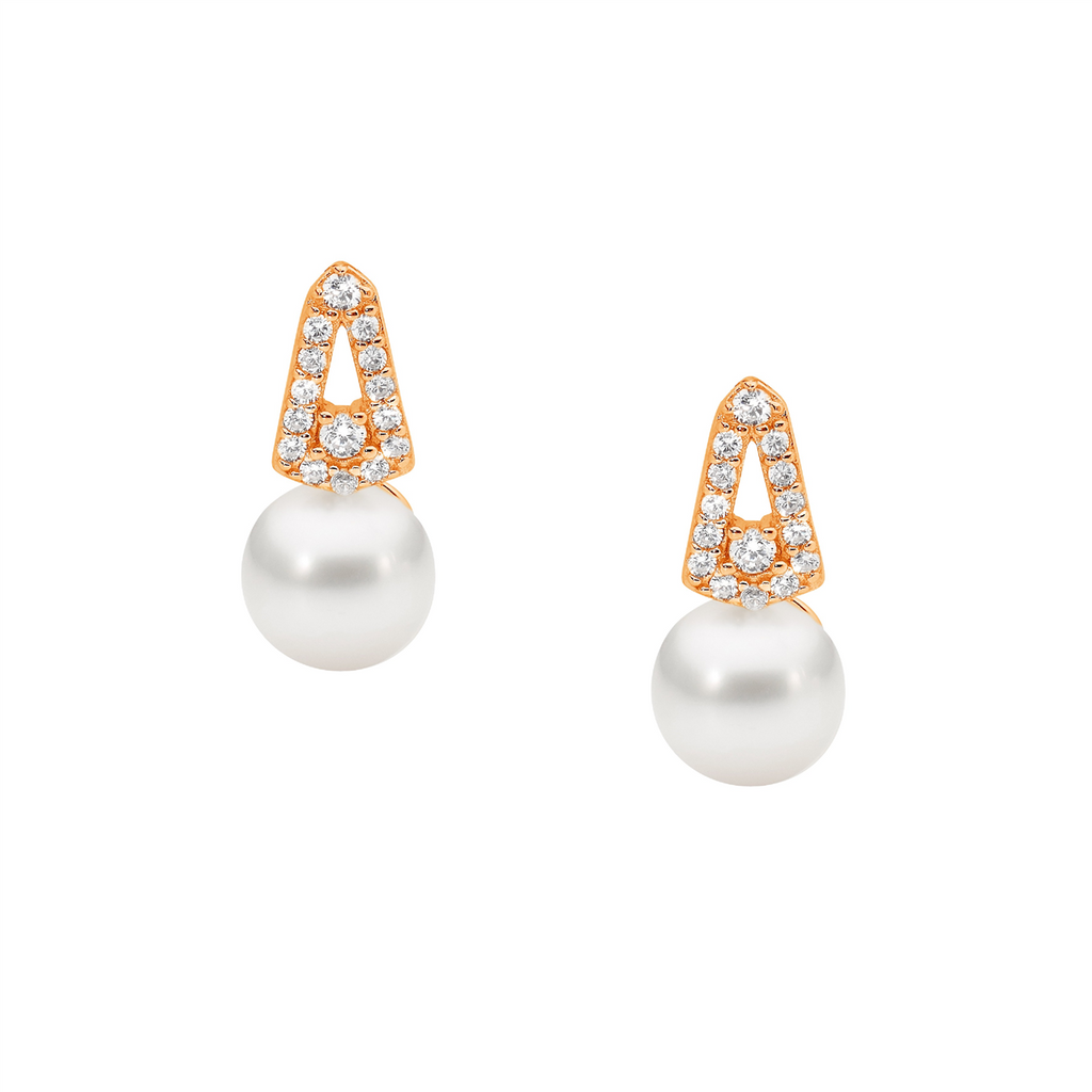 Ellani Sterling Silver 18ct Rose Gold Plated White CZ Open drop V Stud Earrings with Freshwater Pearl