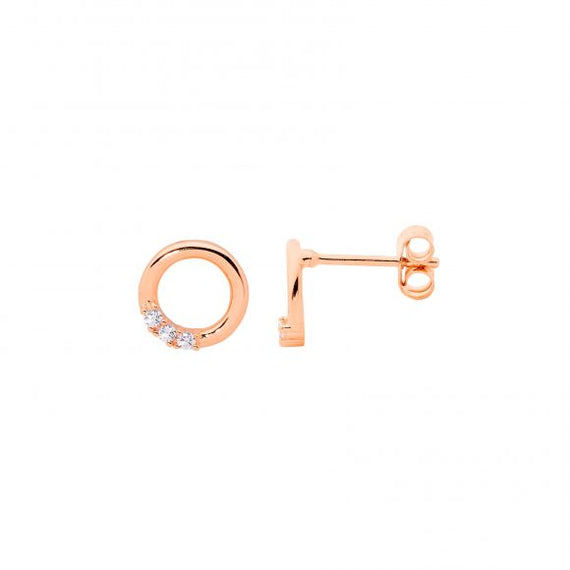 Sterling Silver Rose Gold Plated Open Circle Stud Earrings with Cubic Zirconia