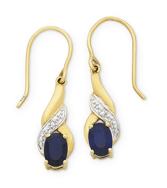 9ct Yellow Gold Created Sapphire and Diamond Drop Earrings