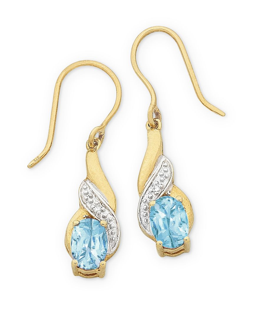 9ct Yellow Gold  Blue Topaz & Diamond Drop Earrings