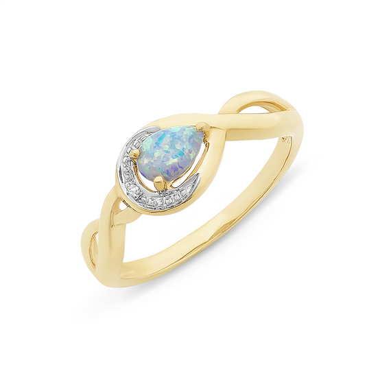 9ct Yellow Gold Created Opal & Diamond Ring Size N