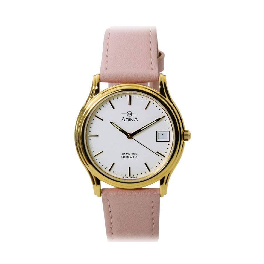 Adina Unisex Dress Watch White Dial GP Case Pink Leather Strap WR
