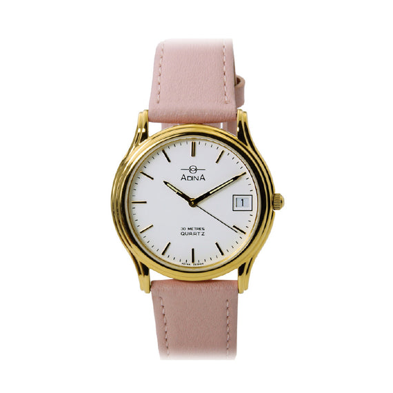 Adina Unisex Dress Watch White Dial GP Case Pink Leather Strap WR