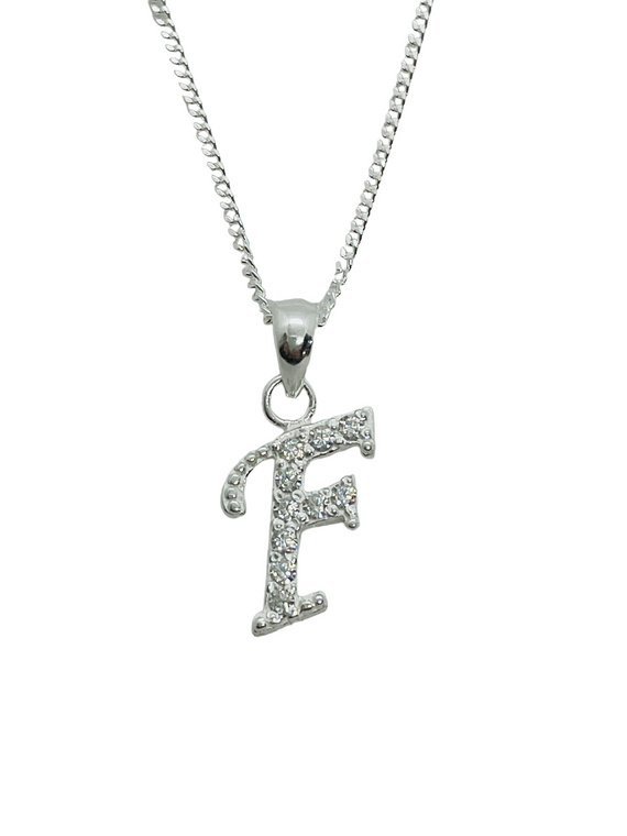 Sterling Silver Script Initial 'F' with CZ on a Sterling Silver Chain