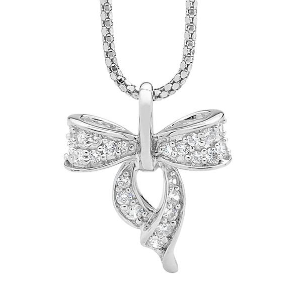 Ellani Sterling Silver White CZ  Pave Bow Pendant on a Sterling Silver Chain