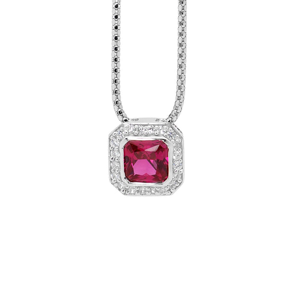 Ellani Sterling Silver Red Radiant Cut Cubic Zirconia Pendant