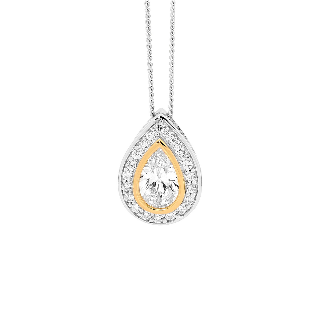 Ellani Sterling Silver and 18ct Gold Plated Pear Shaped CZ Pendant