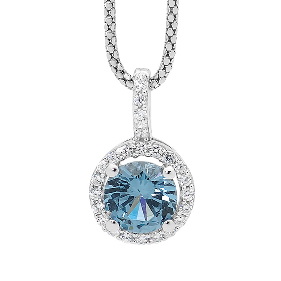 Ellani Sterling Silver Blue CZ Solitaire with White CZ surround Pendant on a Sterling Silver Chain