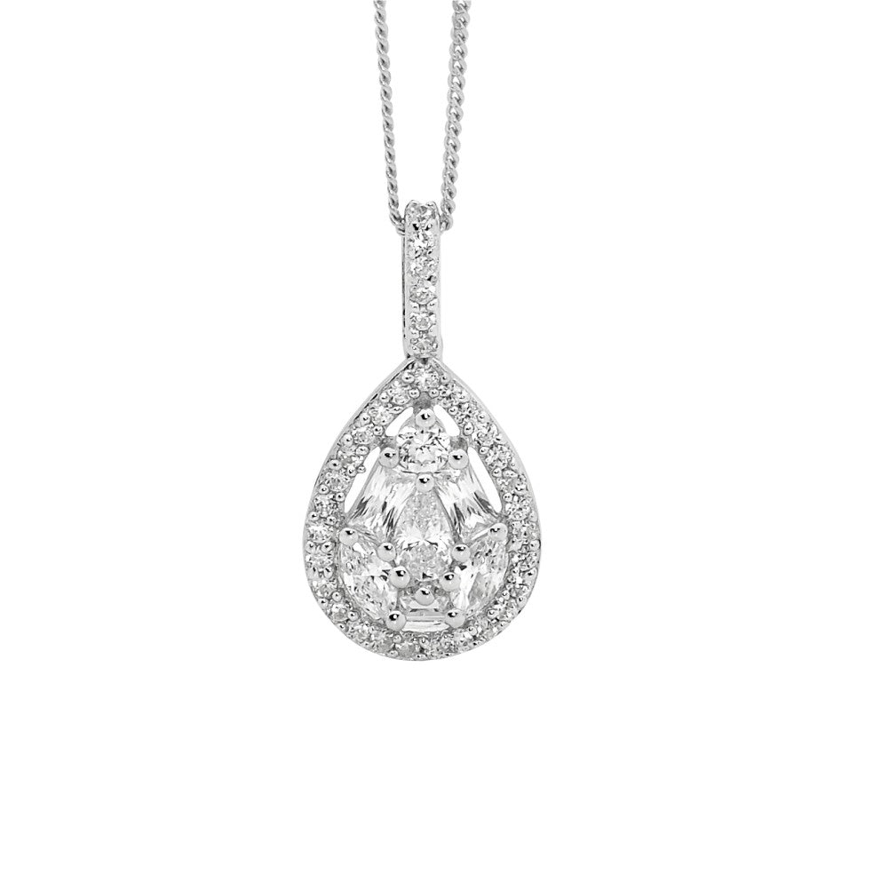 Sterling Silver White Cubic Zirconia Pear Drop Necklace