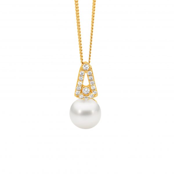 Ellani Sterling Silver Gold Plated White CZ Open drop V Pendant with Freshwater Pearl