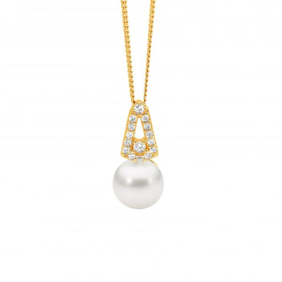 Ellani Sterling Silver Gold Plated White CZ Open drop V Pendant with Freshwater Pearl