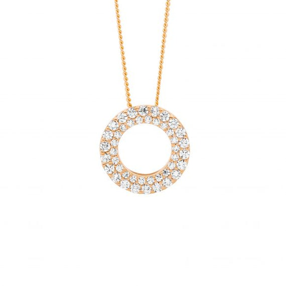 Sterling Silver Rose Gold Plated Double Row Cubic Zirconia Open Circle Pendant
