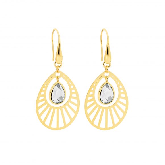 Ellani Stainless Steel Gold Plated Open Teardrop With White Glass Teardrop