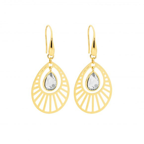 Ellani Stainless Steel Gold Plated Open Teardrop With White Glass Teardrop