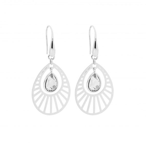 Ellani Stainless Steel Open Teardrop with White Glass Teardrop