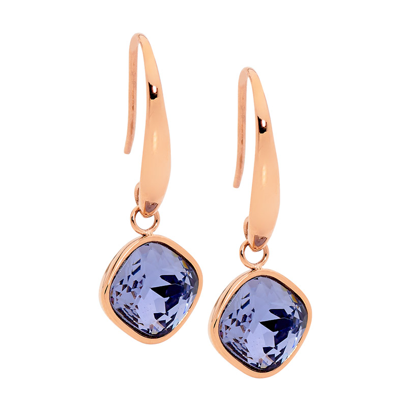 Stainless Steel Rose Gold Plated Earrings with Amethyst Glass Drop