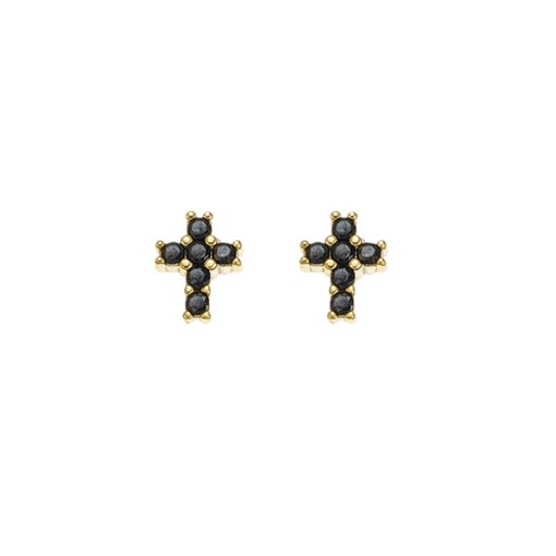 Sterling silver gold plated cross stud earrings with black cubic zirconia