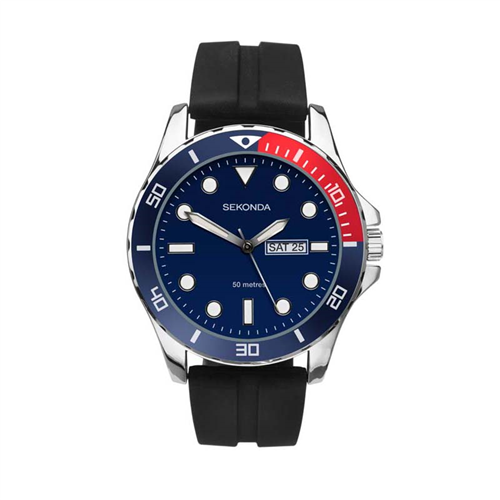 Sekonda Mens Watch Silver Case Blue Dial Black Rubber Strap