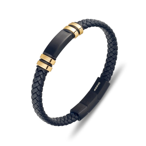 Blaze Stainless Steel Black Leather Bangle