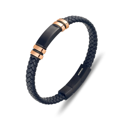 Blaze Stainless Steel Black Leather Bangle With ID Plate