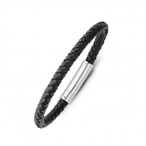 Blaze Black Leather Bangle with Stainless Steel Clasp