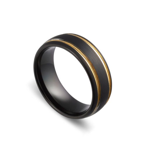 Blaze Tungsten Shiny IP Black Domed Ring with Gold Accent Grooves