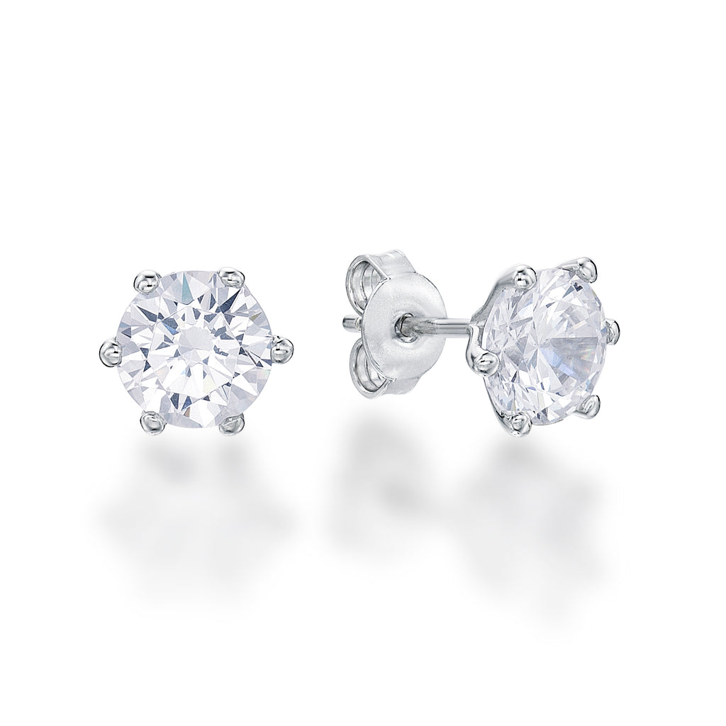 Sterling Silver 6 Claw Round CZ Stud Earrings