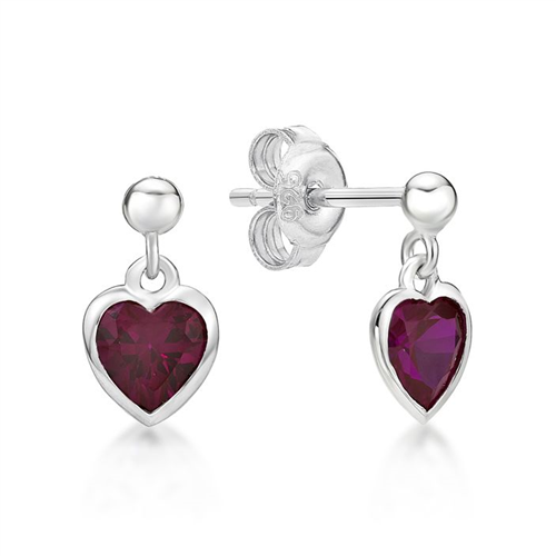 Sterling Silver Ball Stud Earrings with Dark Pink Cz Heart Drop