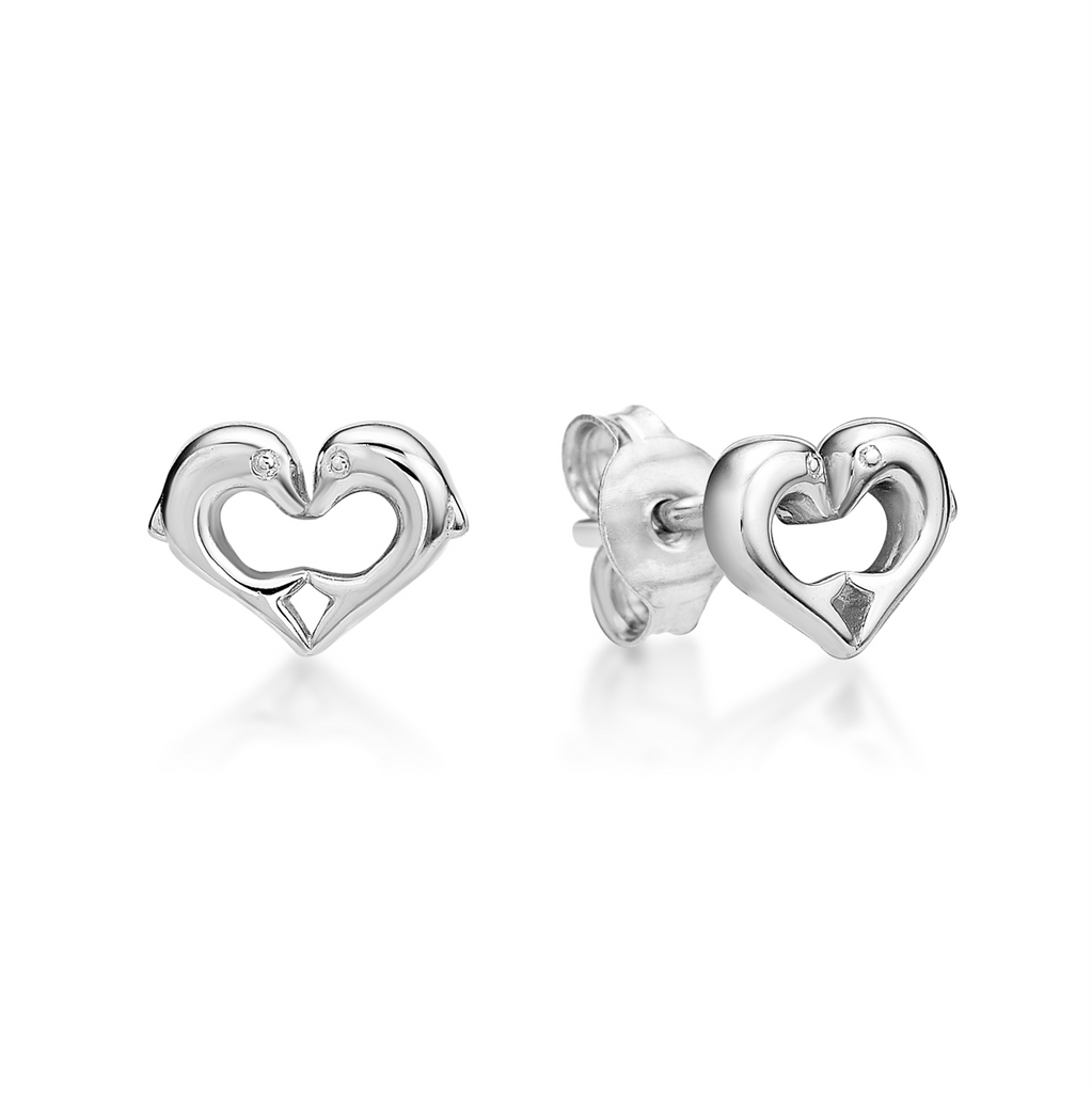 Sterling Silver 2 Dolphin Heart Stud Earrings