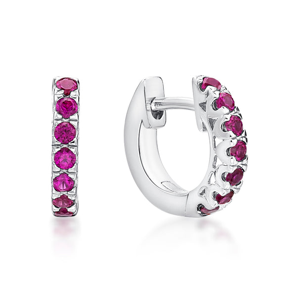 Sterling Silver Huggie Earrings with Dark Pink V Claw CZ