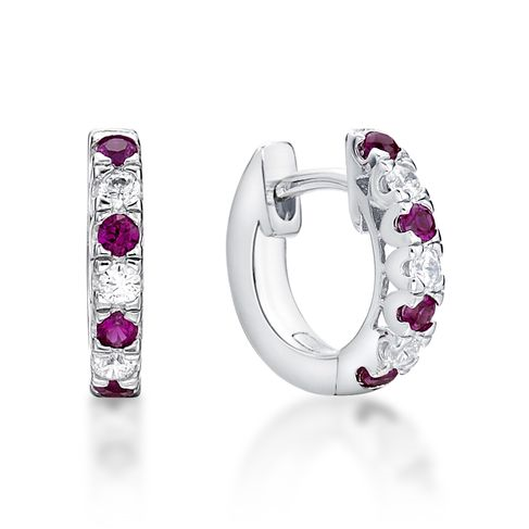 Sterling Silver Huggie Earrings with V-Claw Red & White CZ