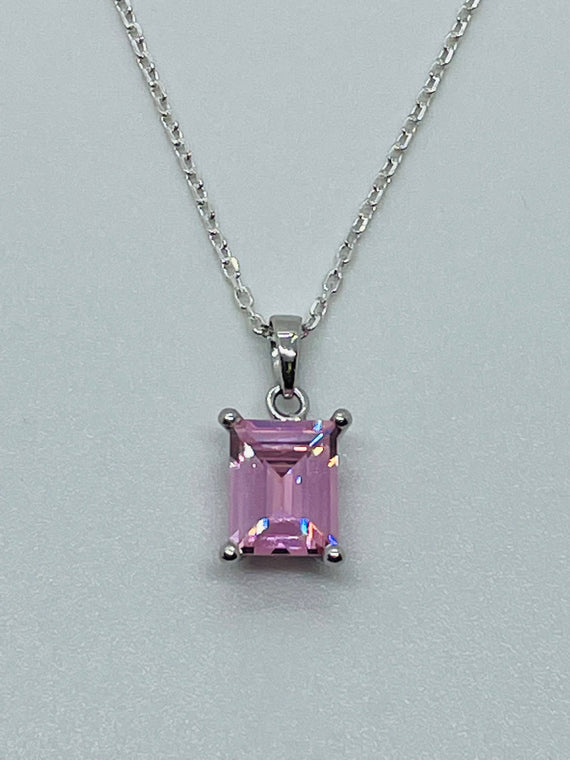 Sterling Silver Pink CZ Pendant on a Sterling Silver Chain