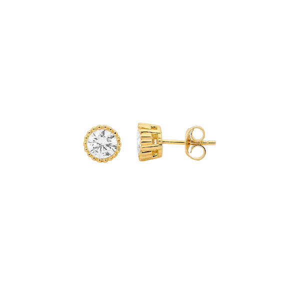 Ellani Sterling Silver Gold Plated Textured Clear CZ  Stud Earrings