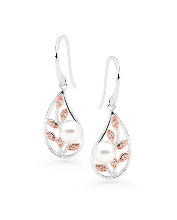 Ikecho Sterling Silver/RGP Drop Earrings with Freshwater White Button Pearl and CZ