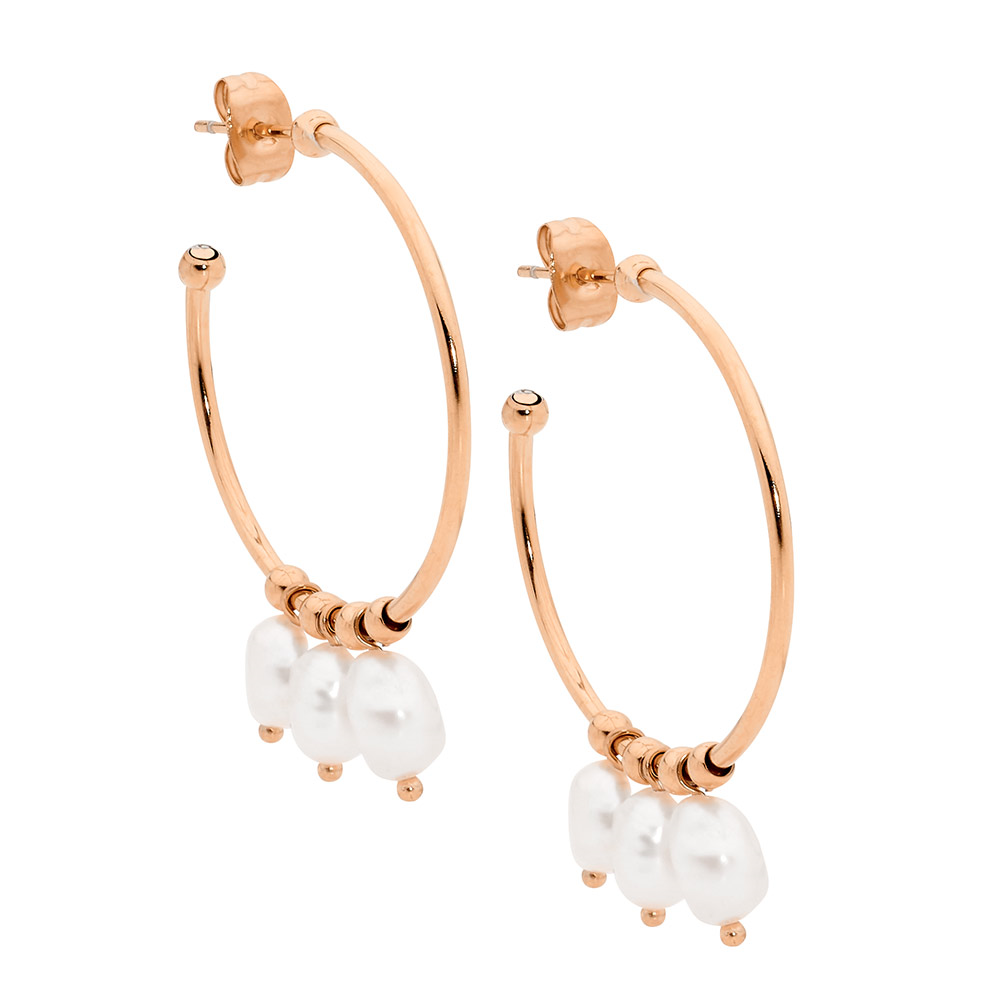 Ellani Stainless Steel Rose Gold Plated Hoop Earrings with 3 Drop Freshwater Pearls