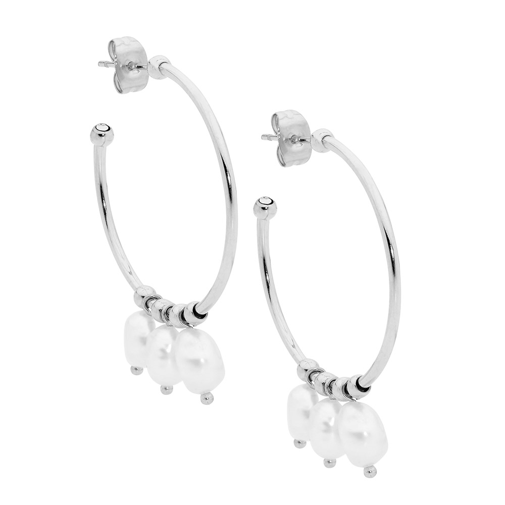Ellani Stainless Steel 3cm Hoop Earrings with 3 Freshwater Pearls
