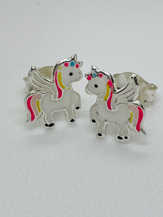 Sterling Silver and Enamel Yellow and Pink Unicorn Stud Earrings