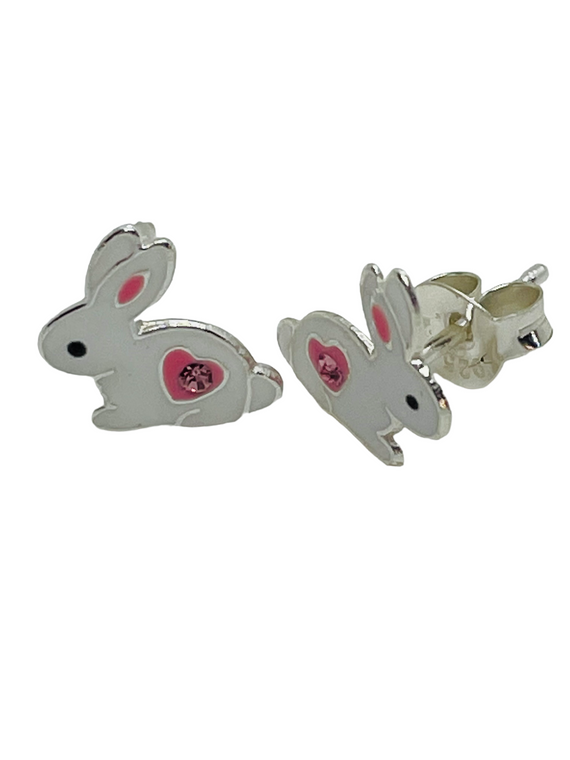 Sterling Silver and Enamel Rabbit with Pink Heart Stud Earrings