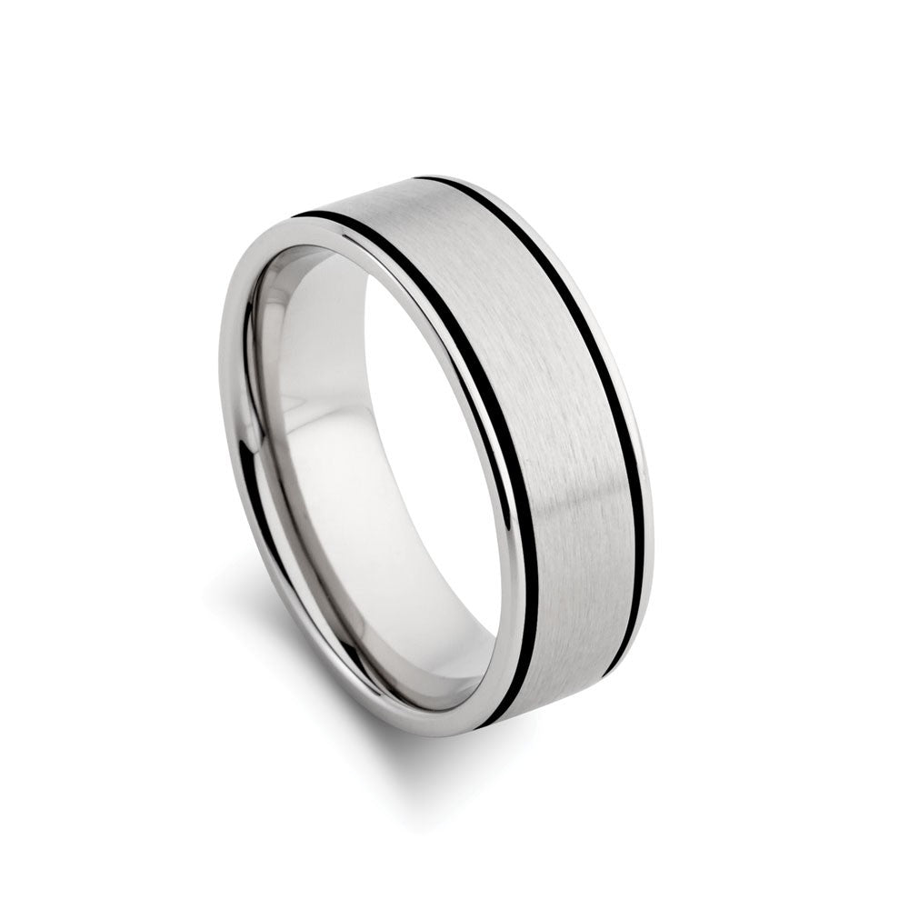 Blaze Stainless Steel Men's Matte Wide Band Ring With Black Detail - Size 8